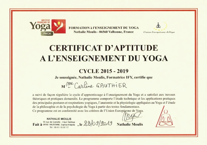 Certificat Yoga - Carline Gauthier IFYPACA